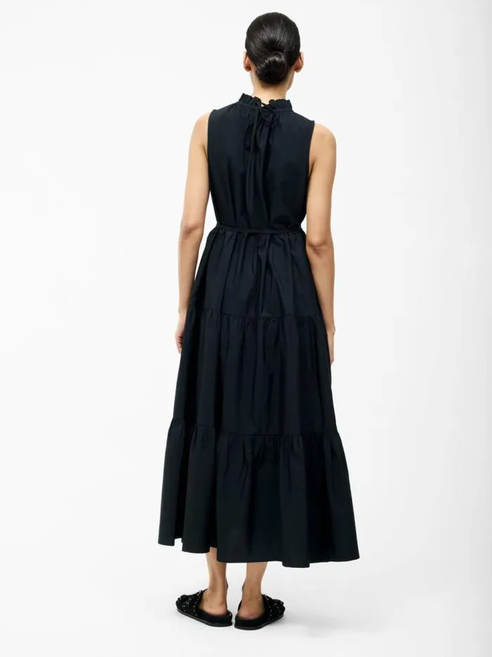 French Connection Tiered Poplin Midi Dress Black Women Dresses