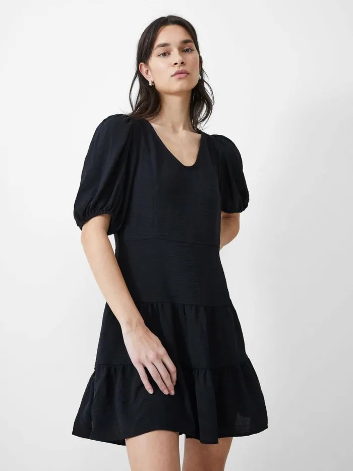 French Connection Vee Tiered Crinkle Mini Dress Black Women Dresses