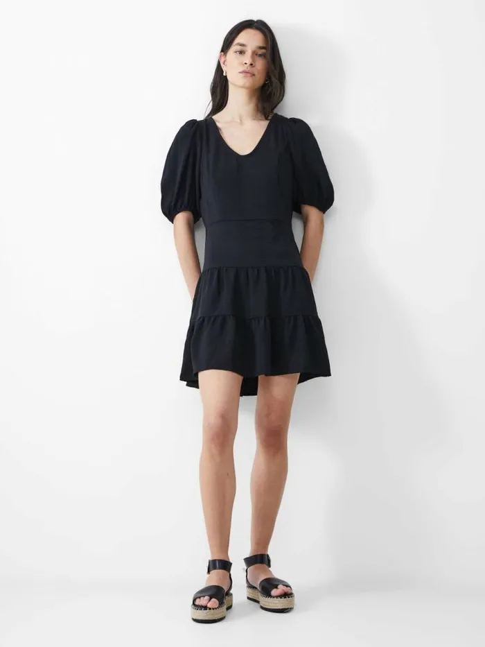 French Connection Vee Tiered Crinkle Mini Dress Black Women Dresses