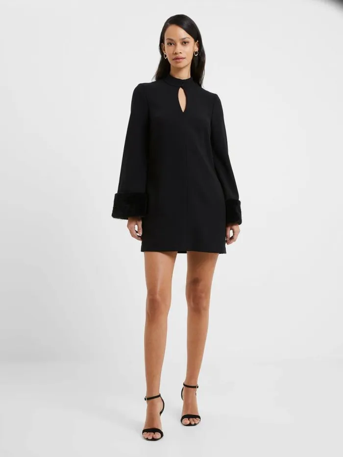 French Connection Whisper Ruth Faux Fur Trim Mini Dress Blackout Women Dresses
