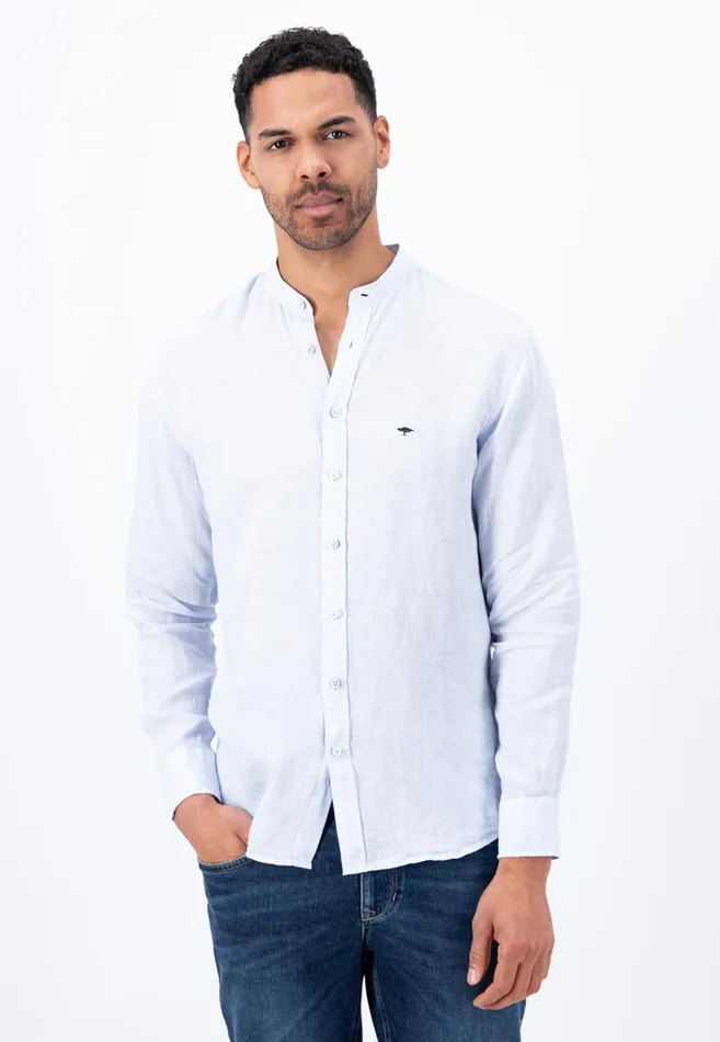 FYNCHHATTON Light Linen Shirt With Stand up Collar And Subtle Stripes Whitesummer Breeze Men Sale FYNCHHATTON Light Linen Shirt With Stand up Collar And Subtle Stripes Whitesummer Breeze Men Sale
