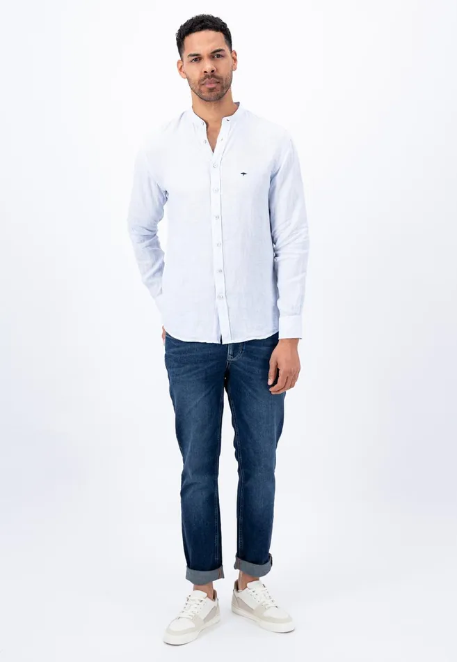 FYNCHHATTON Light Linen Shirt With Stand up Collar And Subtle Stripes Whitesummer Breeze Men Sale FYNCHHATTON Light Linen Shirt With Stand up Collar And Subtle Stripes Whitesummer Breeze Men Sale