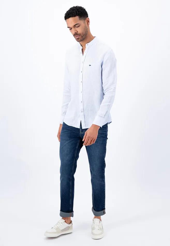 FYNCHHATTON Light Linen Shirt With Stand up Collar And Subtle Stripes Whitesummer Breeze Men Sale FYNCHHATTON Light Linen Shirt With Stand up Collar And Subtle Stripes Whitesummer Breeze Men Sale
