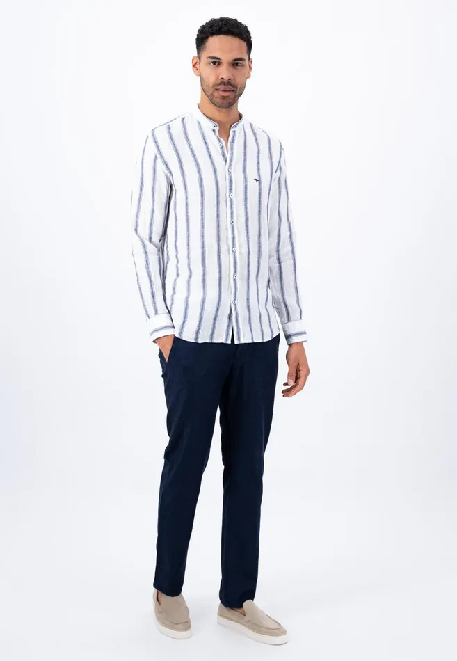 FYNCHHATTON Light Linen Shirt With Stand up Collar And Subtle Stripes Whitesummer Breeze Men Sale FYNCHHATTON Light Linen Shirt With Stand up Collar And Subtle Stripes Whitesummer Breeze Men Sale