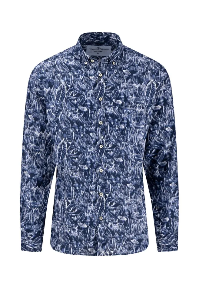 FYNCHHATTON Linen Shirt With Botanical Pattern Summer Breezenavywhitesand Men Shirts