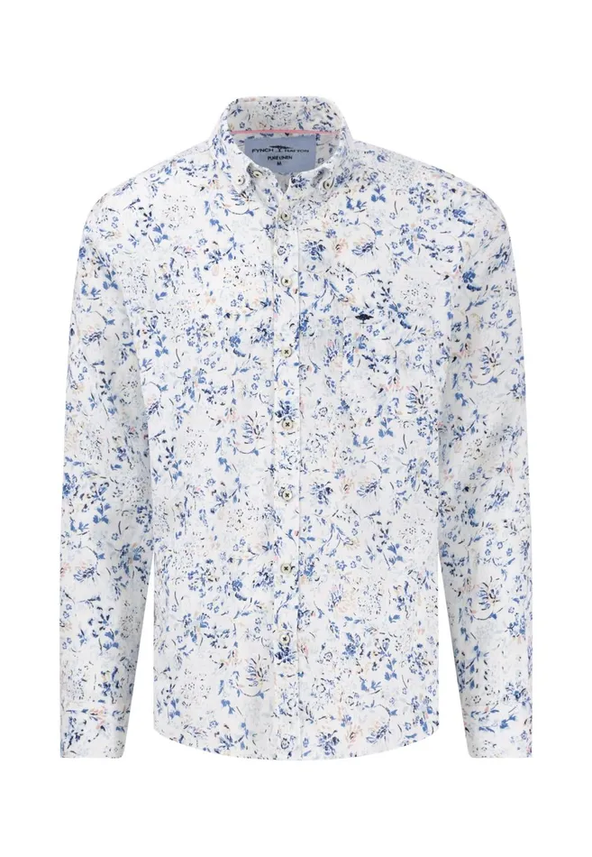 FYNCHHATTON Linen Shirt With Botanical Pattern Summer Breezenavywhitesand Men Shirts