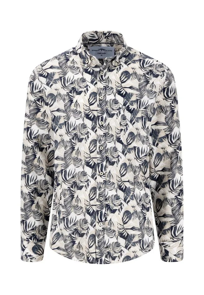 FYNCHHATTON Linen Shirt With Botanical Pattern Summer Breezenavywhitesand Men Shirts