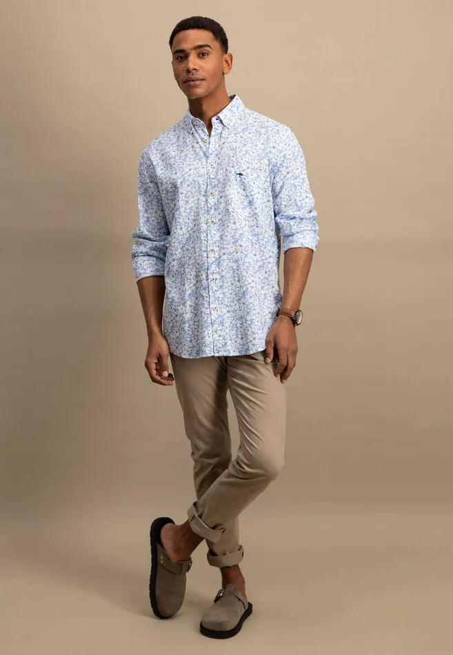 FYNCHHATTON Linen Shirt With Botanical Pattern Summer Breezenavywhitesand Men Shirts