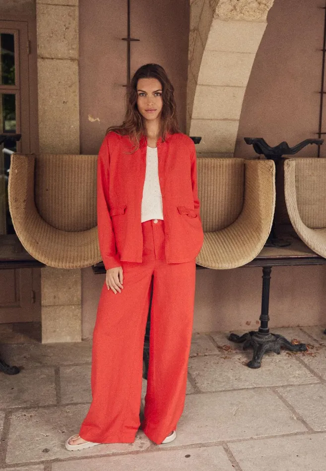 FYNCHHATTON Pants Made Of Linen Mix With Lock Button Summer Redwhitesandlight Blue Women Pants