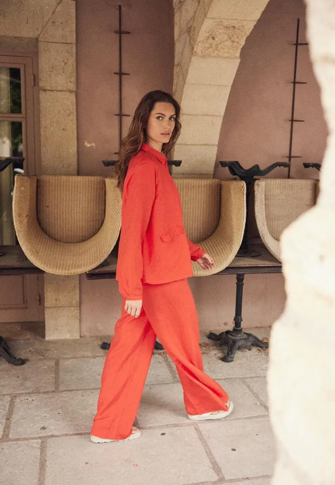FYNCHHATTON Pants Made Of Linen Mix With Lock Button Summer Redwhitesandlight Blue Women Pants