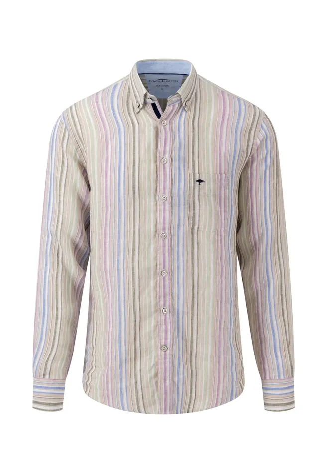 FYNCHHATTON Stylish Linen Shirt With Stripes Navycrystal Bluesoft Greenwhite Men Shirts