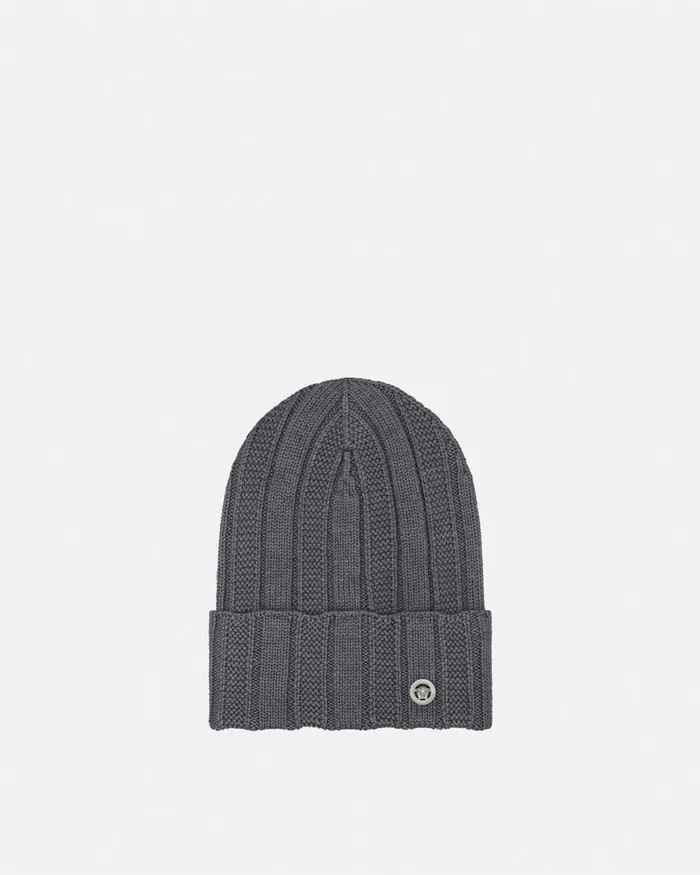 Hats and Caps WomenMen Versace Medusa Ribbed Knit Beanie Gray
