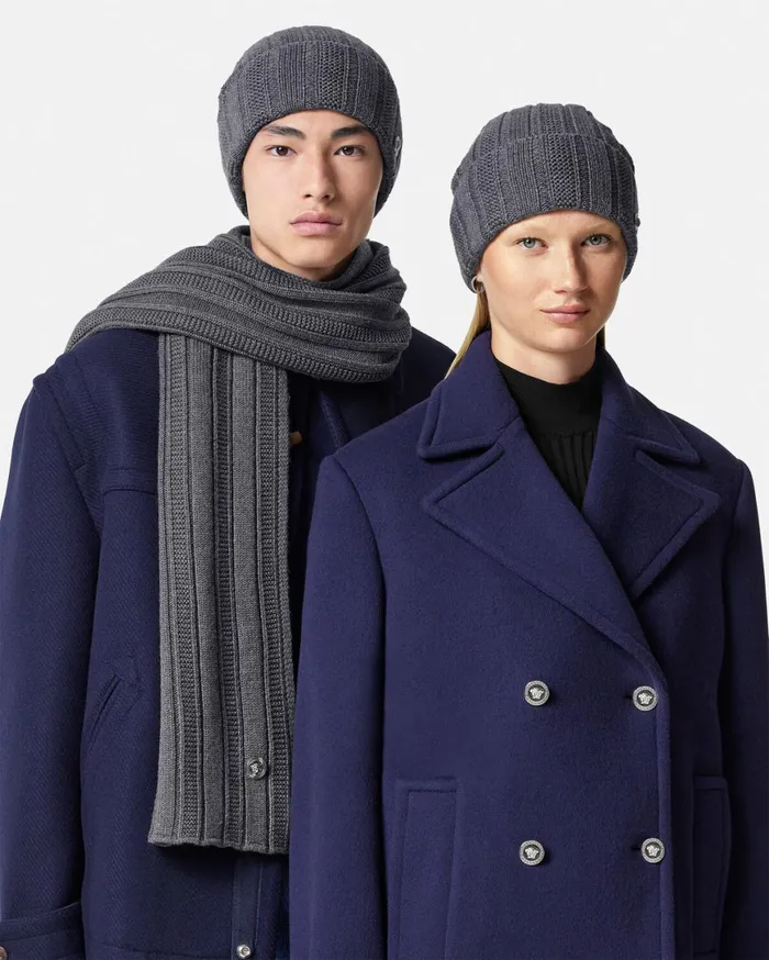 Hats and Caps WomenMen Versace Medusa Ribbed Knit Beanie Gray