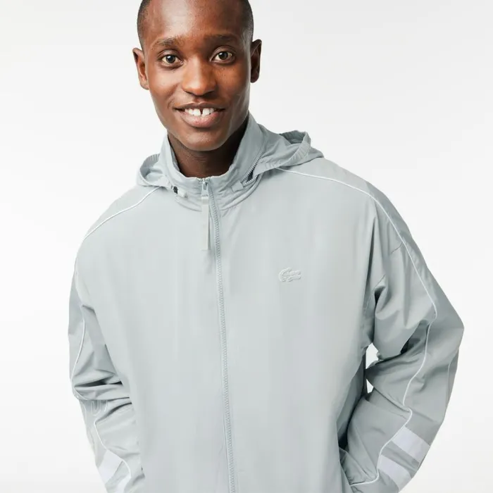 Jackets and Coats Men Lacoste Men039s Contrast Details WaterResistant ZipUp Jacket Grey White Nwj