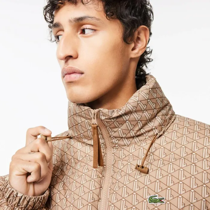 Jackets and Coats Men Lacoste Men039s Stowable Hood Down Jacket Brown Beige White Qiz