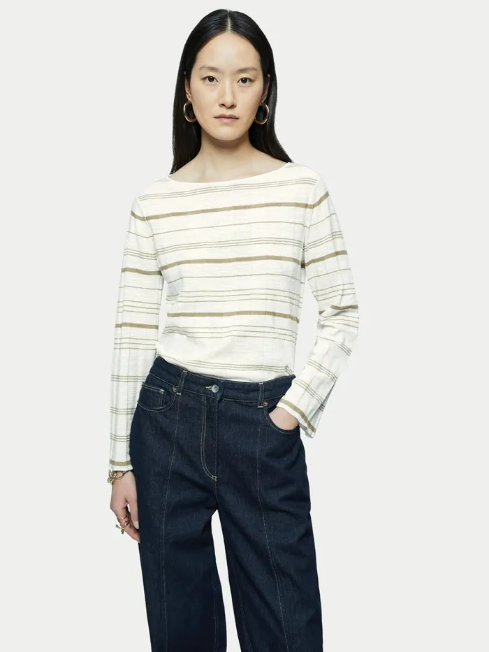 Jigsaw Knitwear and Cashmere Women Linen Cotton Stripe Boat Neck Jumper Cream