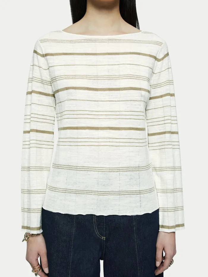 Jigsaw Knitwear and Cashmere Women Linen Cotton Stripe Boat Neck Jumper Cream