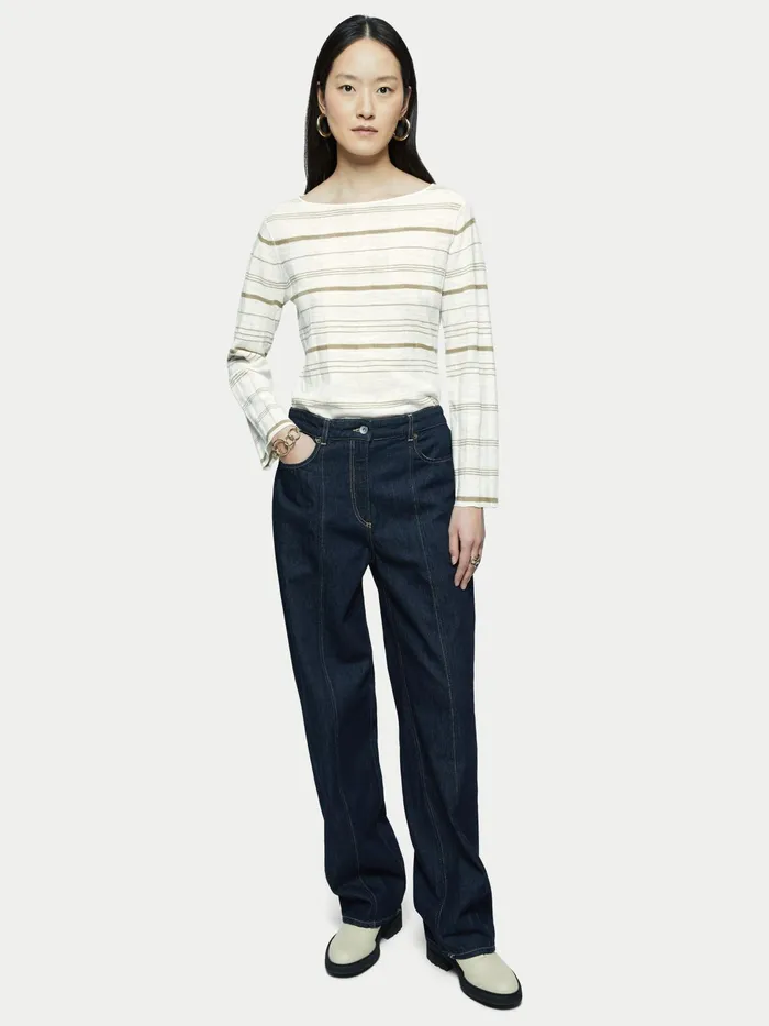 Jigsaw Knitwear and Cashmere Women Linen Cotton Stripe Boat Neck Jumper Cream