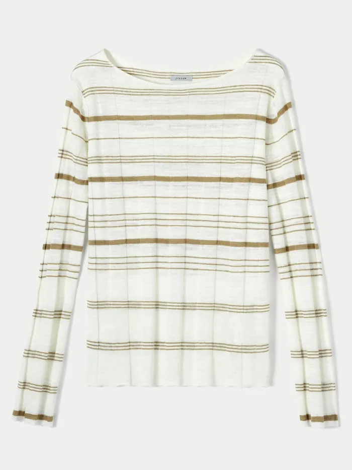 Jigsaw Knitwear and Cashmere Women Linen Cotton Stripe Boat Neck Jumper Cream