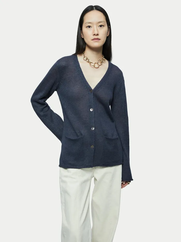 Jigsaw Knitwear and Cashmere Women Pure Linen V Neck Cardigan Grey