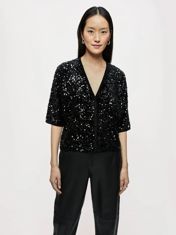 Jigsaw Knitwear and Cashmere Women Sequin Velvet Cardigan Black