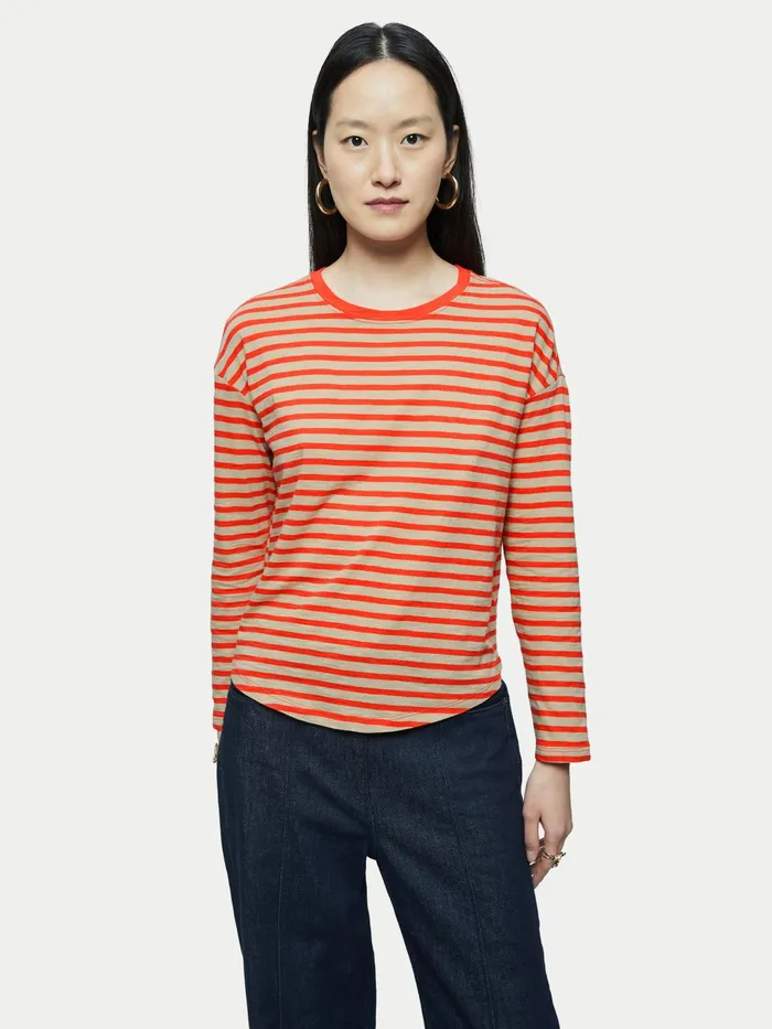 Jigsaw Tshirts Women Cotton Slub Stripe Long Sleeve Tee Red