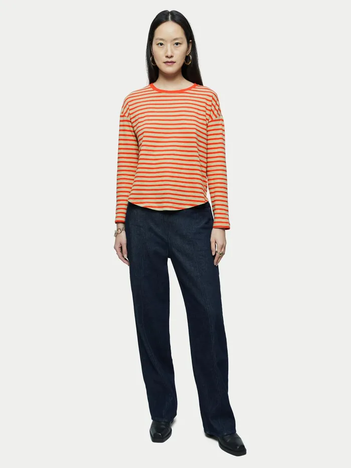 Jigsaw Tshirts Women Cotton Slub Stripe Long Sleeve Tee Red