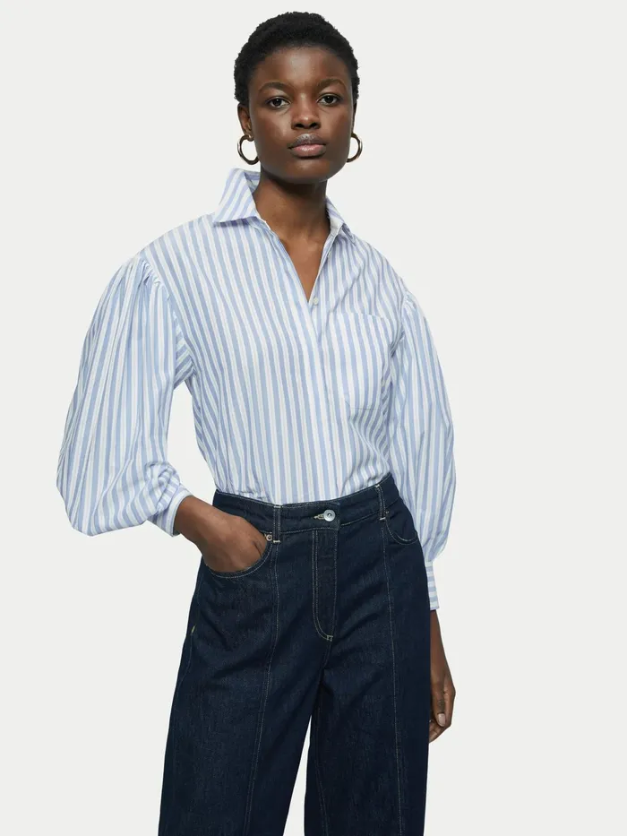 Jigsaw Tops Women Cotton Poplin Stripe Shirt Blue