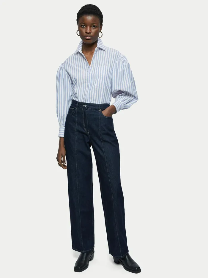 Jigsaw Tops Women Cotton Poplin Stripe Shirt Blue