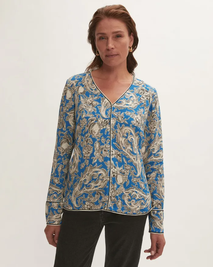 Jigsaw Tops Women Fruit Paisley Wide Cuff Blouse Blue