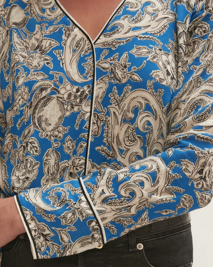 Jigsaw Tops Women Fruit Paisley Wide Cuff Blouse Blue