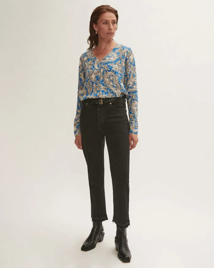 Jigsaw Tops Women Fruit Paisley Wide Cuff Blouse Blue