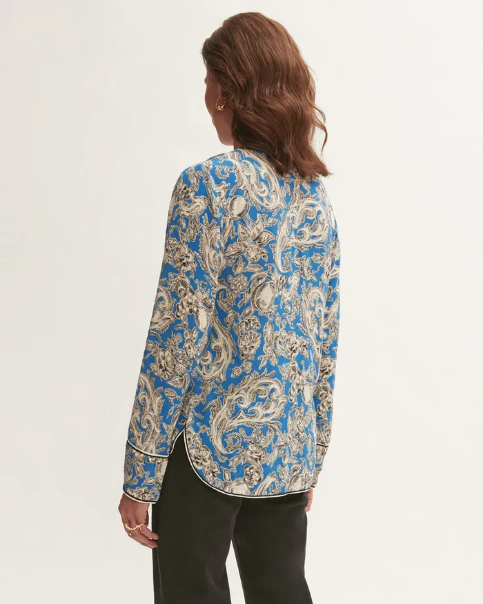 Jigsaw Tops Women Fruit Paisley Wide Cuff Blouse Blue