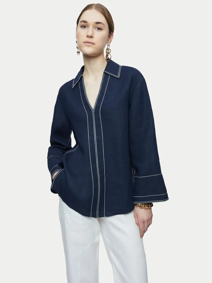 Jigsaw Tops Women Linen Stitch Tunic Blouse Blue