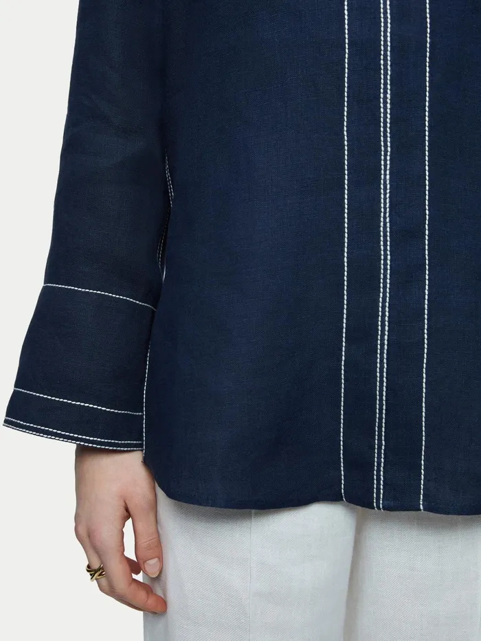 Jigsaw Tops Women Linen Stitch Tunic Blouse Blue
