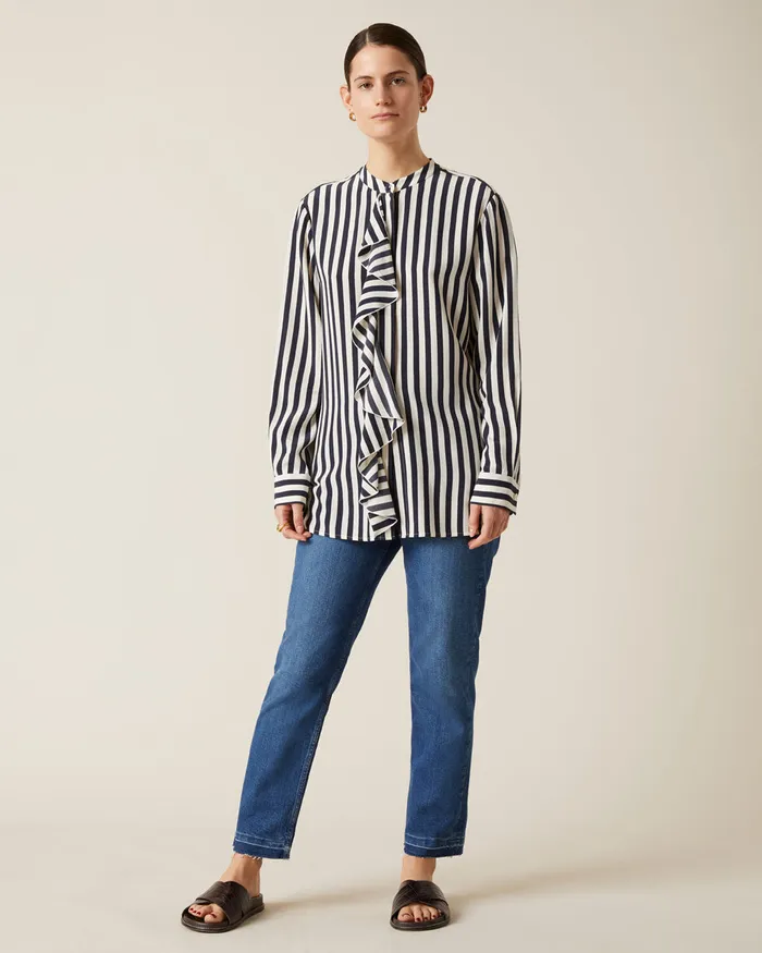 Jigsaw Tops Women Sailor Stripe Ruffle Shirt Blue