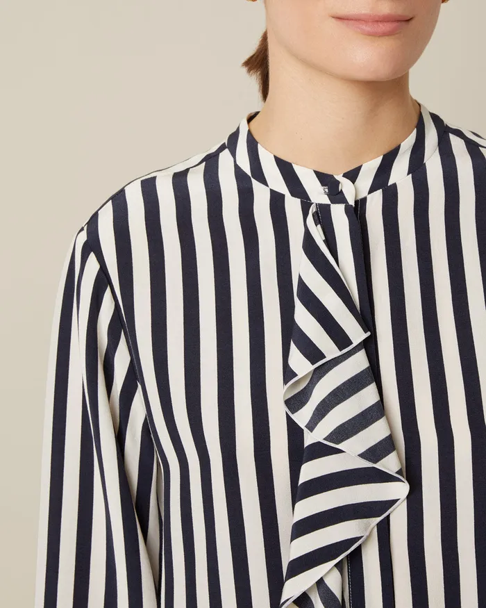 Jigsaw Tops Women Sailor Stripe Ruffle Shirt Blue