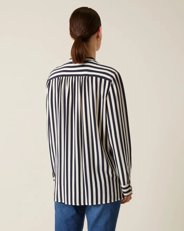Jigsaw Tops Women Sailor Stripe Ruffle Shirt Blue