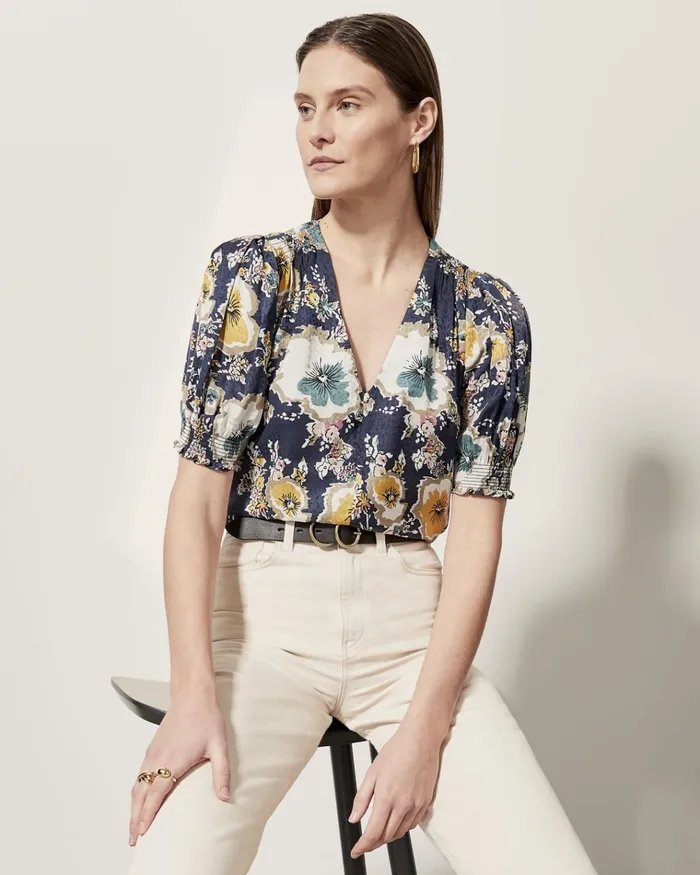 Jigsaw Tops Women Vintage Floral Gathered Blouse Blue
