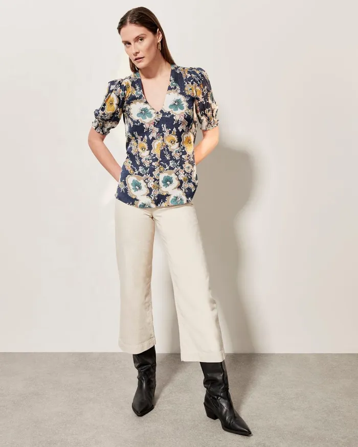 Jigsaw Tops Women Vintage Floral Gathered Blouse Blue
