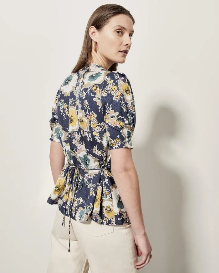 Jigsaw Tops Women Vintage Floral Gathered Blouse Blue