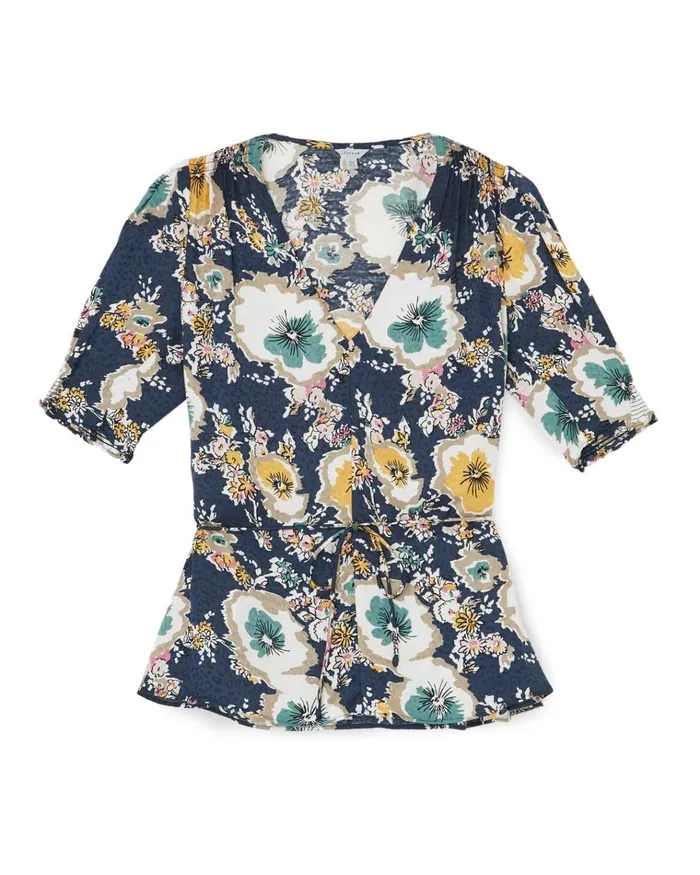 Jigsaw Tops Women Vintage Floral Gathered Blouse Blue