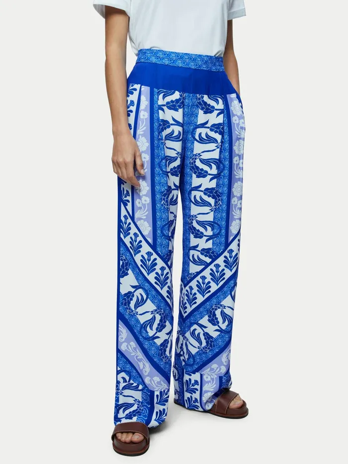 Jigsaw Trousers Women Santorini Printed Palazzo Blue