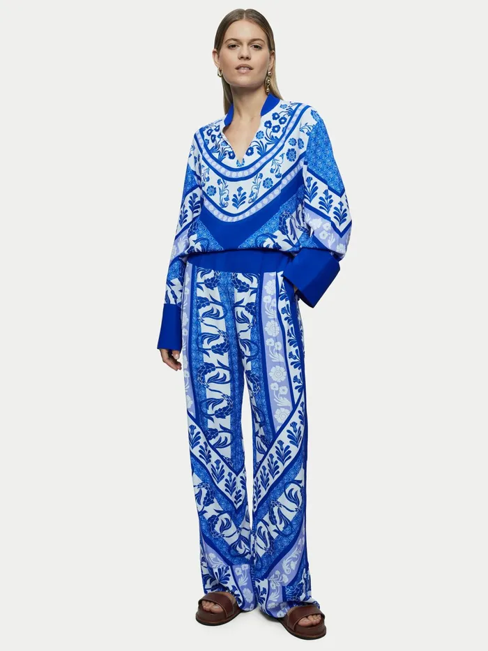 Jigsaw Trousers Women Santorini Printed Palazzo Blue