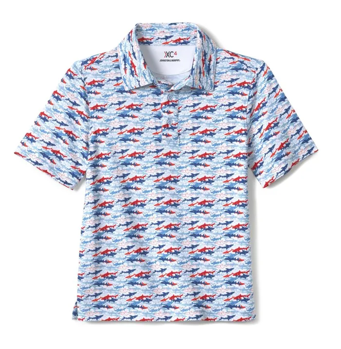 Johnston and Murphy Boys XC4 Performance Polo White Americana Shark Boys Shirts Johnston and Murphy Boys XC4 Performance Polo White Americana Shark Boys Shirts