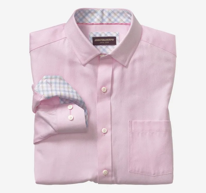 Johnston and Murphy LongSleeve Dress Shirt Pink Solid Birdseye Men Shirts