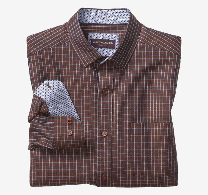 Johnston and Murphy LongSleeve Dress Shirt Rust Twill Windowpane Men Shirts