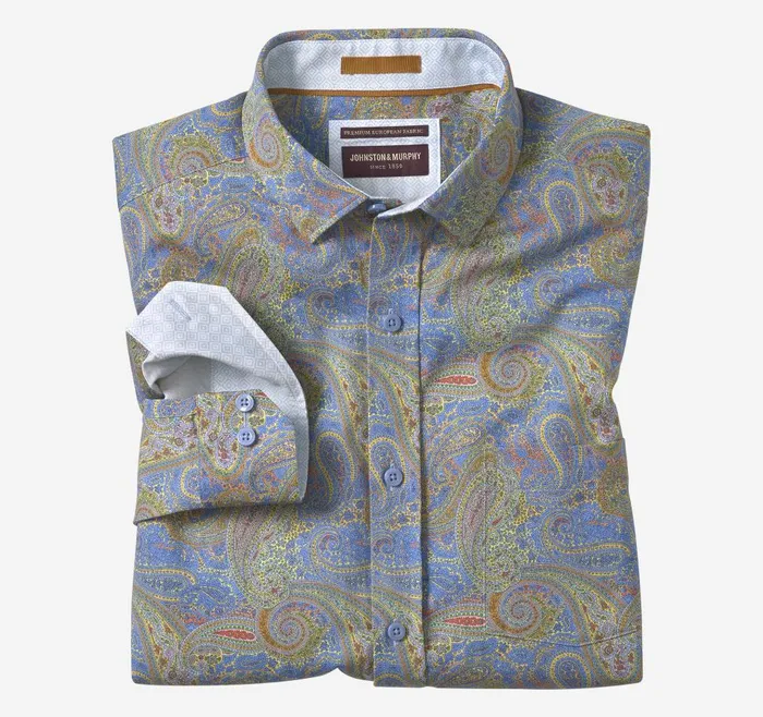 Johnston and Murphy Printed Cotton Shirt Blue Large Paisley Men Shirts