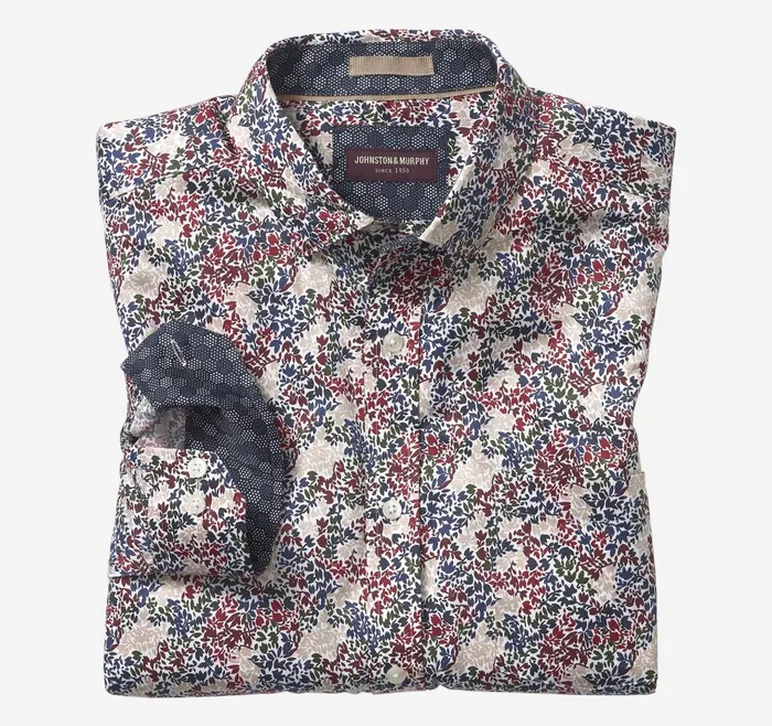 Johnston and Murphy Printed Cotton Shirt Burgundy Multi Vine Men Shirts