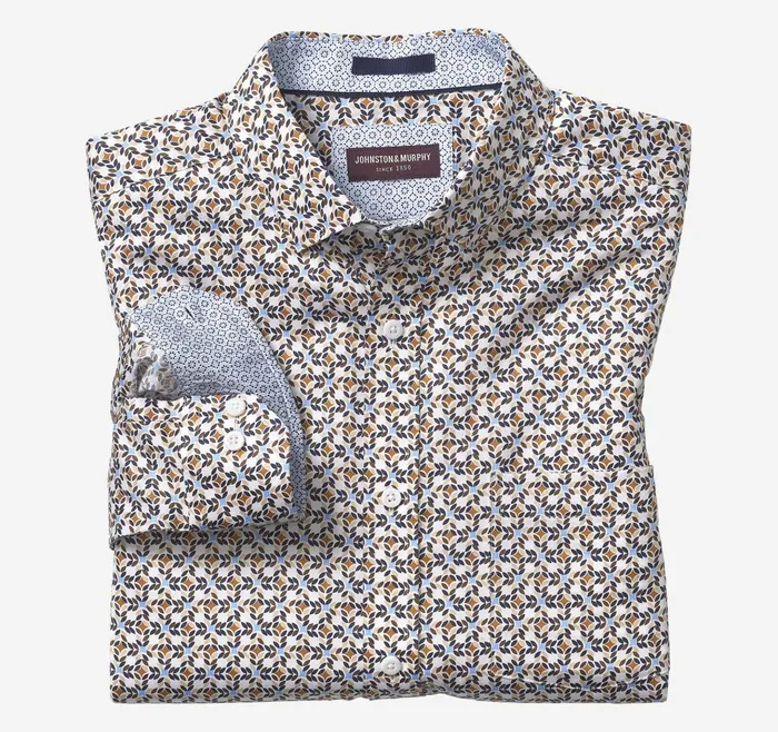 Johnston and Murphy Printed Cotton Shirt Tan Multi Layered Petal Men Shirts